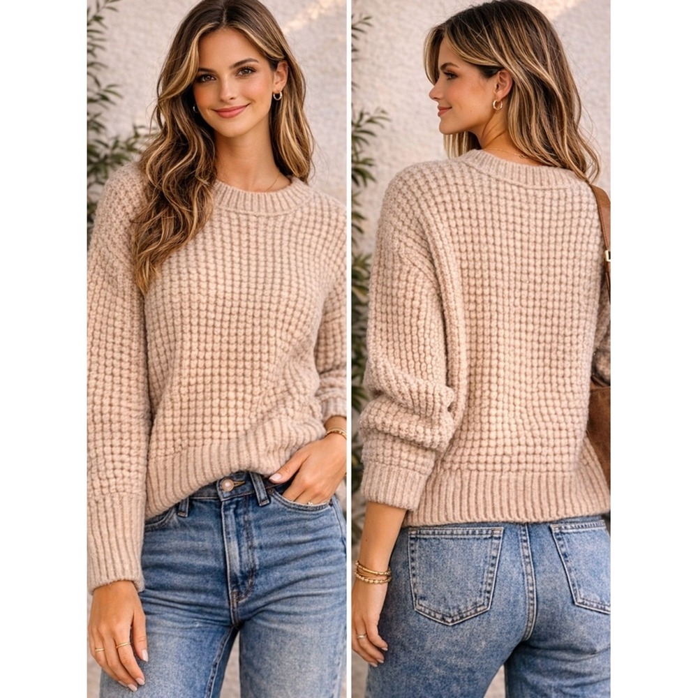 HM Chunky Knit Sweater Womens Blush Pink Cropped Cozy Soft Oversized Pullover